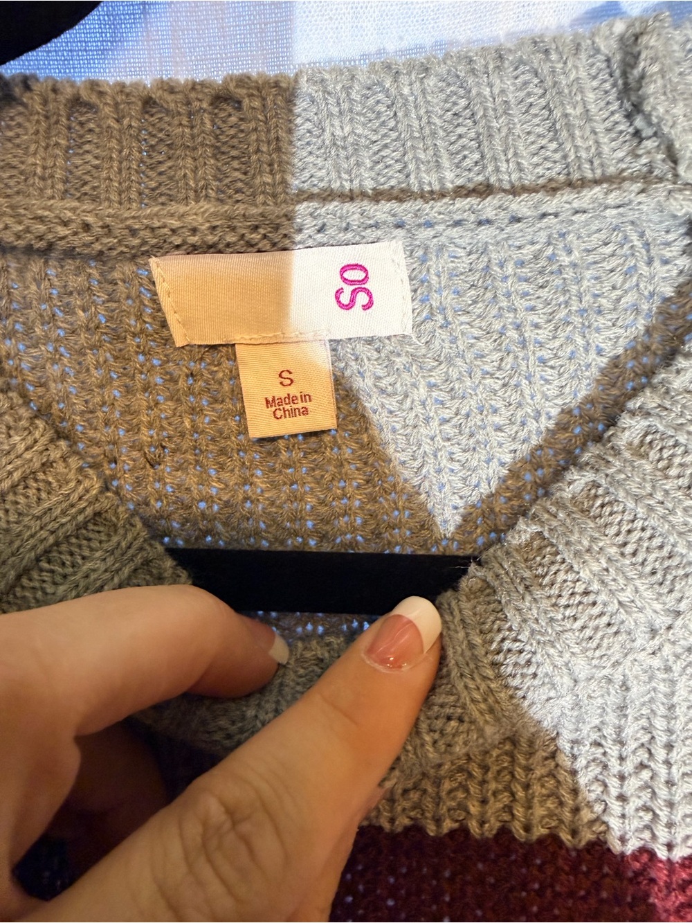 SO Gray Crewneck Sweater with Burgundy and White Stripes - Picture 2 of 7